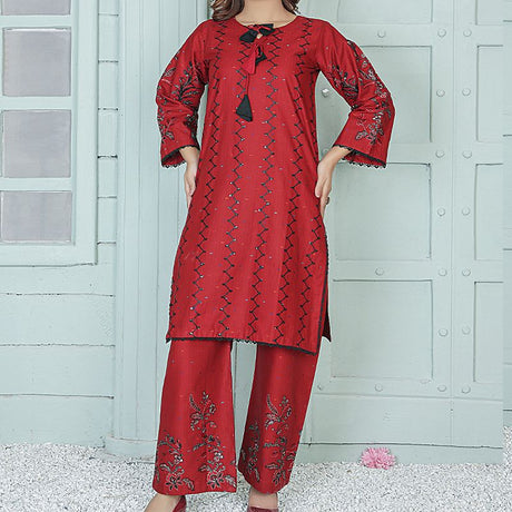 2 Piece Kurti Salwar Embroidery Set - Pure Cotton Collection Stylish Solid Color Light Weight Cotton Fabric Suit Top Bottom Salwar Kameez Indian Pakistani Embroidered Suit For Event Party Outdoor Dress - Maroon - Shop N Save
