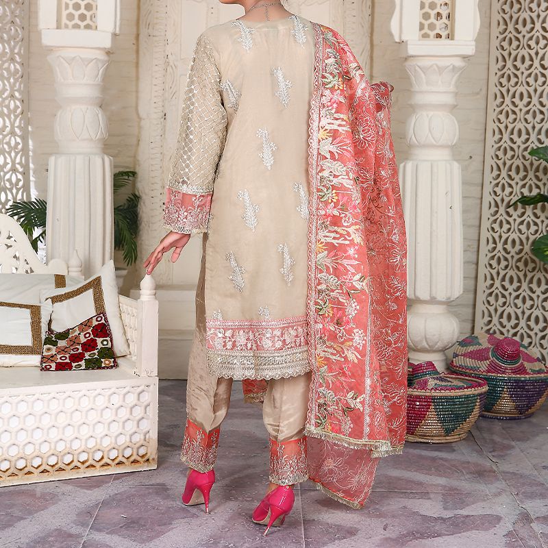 3 Piece Fancy Embroidery Dress - Stylish Light Weight Chiffon Organza Fabric Suit Indian Pakistani Fancy Embroidered Dress For Events Party Outdoor Dress - Khaki - Shop N Save