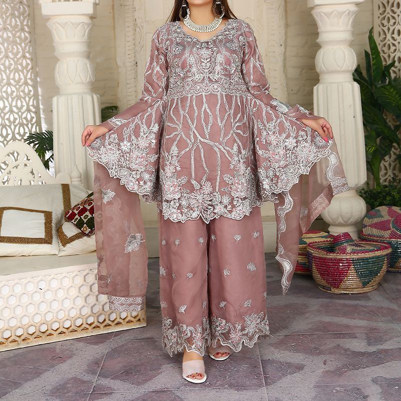 Piece Fancy Embroidery Dress - Stylish Light Weight Chiffon Organza Fabric Suit Indian Pakistani Fancy Embroidered Dress For Events Party Outdoor Dress - Dark Pink - Shop N Save