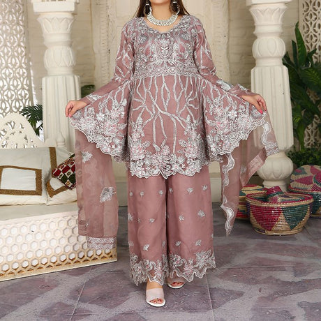 Piece Fancy Embroidery Dress - Stylish Light Weight Chiffon Organza Fabric Suit Indian Pakistani Fancy Embroidered Dress For Events Party Outdoor Dress - Dark Pink - Shop N Save