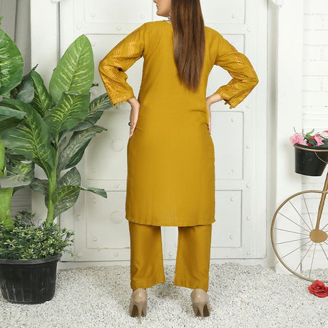 2 Piece Kurti Salwar Embroidery Set - Pure Cotton Collection Stylish Solid Color Light Weight Cotton Fabric Suit Top Bottom Salwar Kameez Indian Pakistani Embroidered Suit For Event Party Outdoor Dress - Golden - Shop N Save