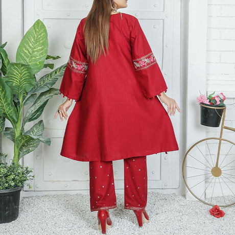 2 Piece Kurti Salwar Embroidery Set - Pure Cotton Collection Stylish Solid Color Light Weight Cotton Fabric Suit Top Bottom Salwar Kameez Indian Pakistani Embroidered Suit For Event Party Outdoor Dress - Maroon - Shop N Save