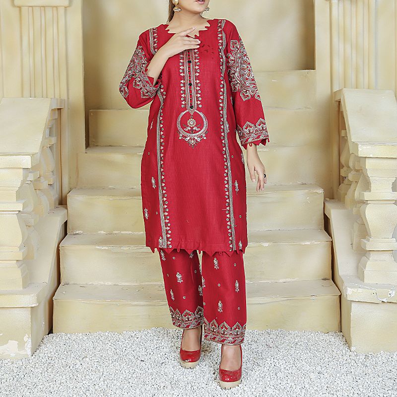 2 Piece Kurti Salwar Embroidery Set - Pure Cotton Collection Stylish Solid Color Light Weight Cotton Fabric Suit Top Bottom Salwar Kameez Indian Pakistani Embroidered Suit For Event Party Outdoor Dress - Maroon - Shop N Save