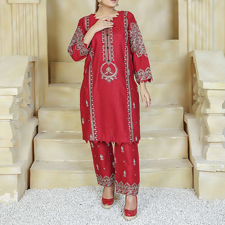 2 Piece Kurti Salwar Embroidery Set - Pure Cotton Collection Stylish Solid Color Light Weight Cotton Fabric Suit Top Bottom Salwar Kameez Indian Pakistani Embroidered Suit For Event Party Outdoor Dress - Maroon - Shop N Save