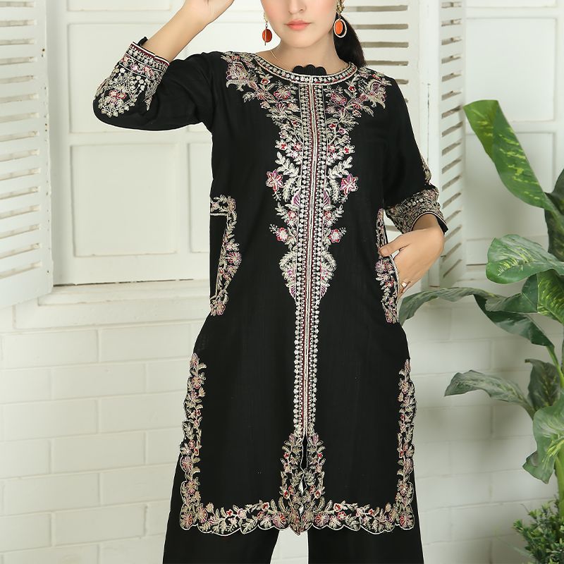 2 Piece Kurti Salwar Embroidery Set - Pure Cotton Collection Stylish Solid Color Light Weight Cotton Fabric Suit Top Bottom Salwar Kameez Indian Pakistani Embroidered Suit For Event Party Outdoor Dress - Black - Shop N Save
