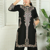2 Piece Kurti Salwar Embroidery Set - Pure Cotton Collection Stylish Solid Color Light Weight Cotton Fabric Suit Top Bottom Salwar Kameez Indian Pakistani Embroidered Suit For Event Party Outdoor Dress - Black - Shop N Save
