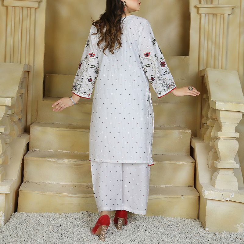 2 Piece Kurti Salwar Embroidery Set - Pure Cotton Collection Stylish Solid Color Light Weight Cotton Fabric Suit Top Bottom Salwar Kameez Indian Pakistani Embroidered Suit For Event Party Outdoor Dress - White - Shop N Save