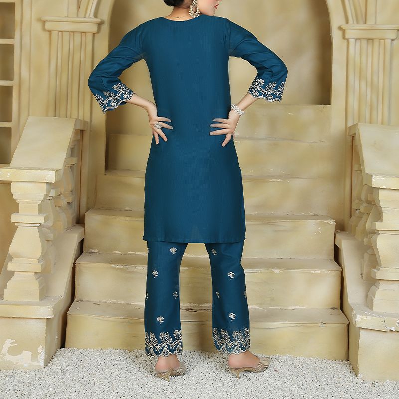2 Piece Kurti Salwar Embroidery Set - Pure Cotton Collection Stylish Solid Color Light Weight Cotton Fabric Suit Top Bottom Salwar Kameez Indian Pakistani Embroidered Suit For Event Party Outdoor Dress - Dark Blue - Shop N Save