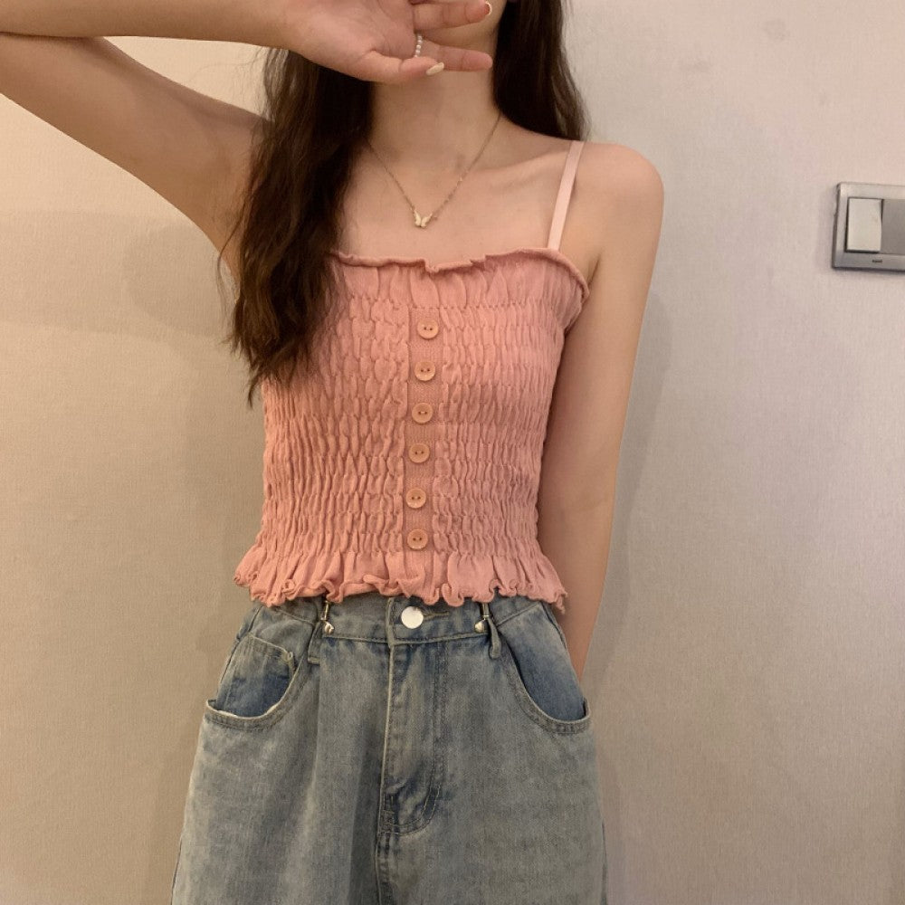 Women Slim Solid Wrinkle Crop Tops Shirt - Pink - Shop N Save