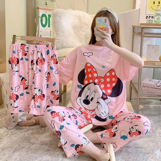 3 Pcs Nightwear Pajama Shorts Sets For Women Sleepwear Pink