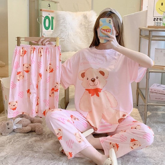 3 Pcs Nightwear Pajama Shorts Sets For Women Sleepwear Pink