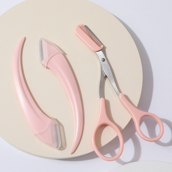 3 Pcs Professional Eyebrow Trimmer Scissor With Comb Hair Removal - Pink