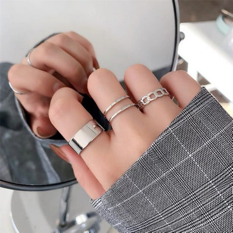 3 Pcs Ring Set For Women Aesthetic Vintage Resizable Finger Rings Silver