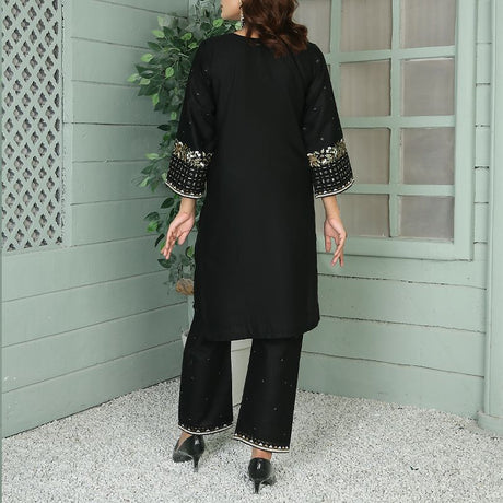 2 Piece Kurti Salwar Embroidery Set - Pure Cotton Collection Stylish Solid Color Light Weight Cotton Fabric Suit Top Bottom Salwar Kameez Indian Pakistani Embroidered Suit For Event Party Outdoor Dress - Black - Shop N Save