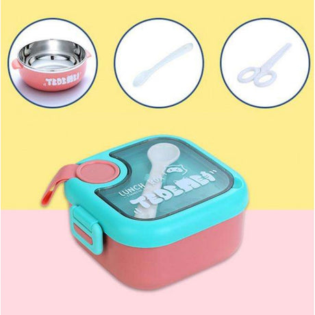 Kids Lunch Box - Inner Stainless Steel Baby Lunch Box With Spoon Scissors Set Food Supplement Bowl For School Home Kids (H 7.3 | W 12.7 | L 14.7 CM) - Pink - Shop N Save