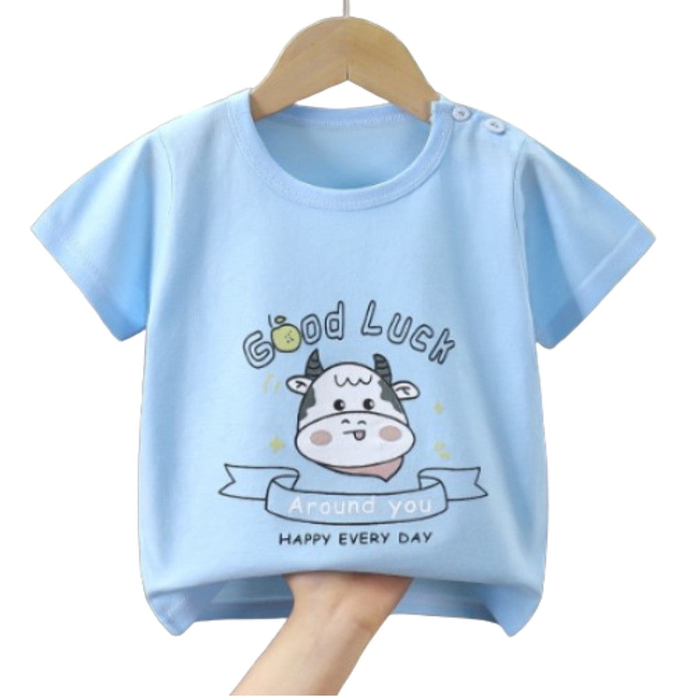 New Born Loose Printed Short Sleeves Boys And Girls O-neck T-shirt Casual kids Clothes Blue - Shop N Save