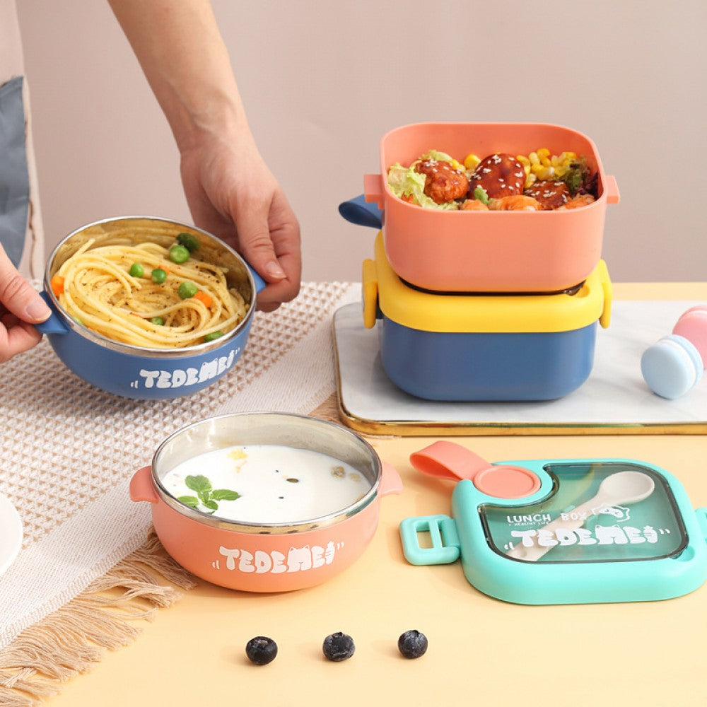 Kids Lunch Box - Inner Stainless Steel Baby Lunch Box With Spoon Scissors Set Food Supplement Bowl For School Home Kids (H 7.3 | W 12.7 | L 14.7 CM) - Pink - Shop N Save