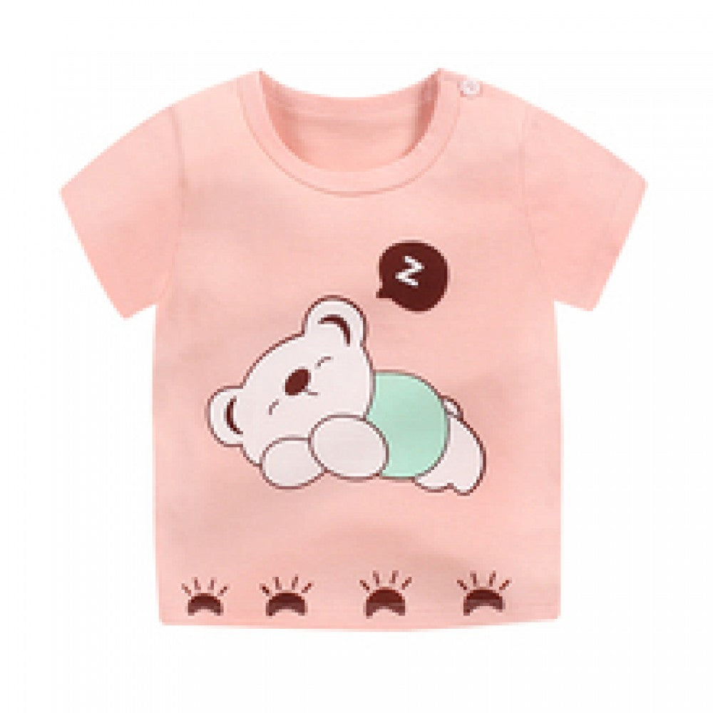 3-6 Months Infant Baby Boy T-Shirt - Newborn Baby Girls Cartoon Print Short Sleeves Round Neck T-Shirt For Kids - Peach - Shop N Save