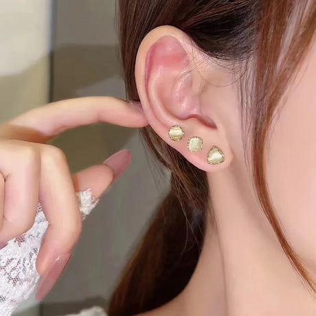 Golden Geometric Opal Studs: Korean Triangle &amp; Circle Earrings Set - Shop N Save
