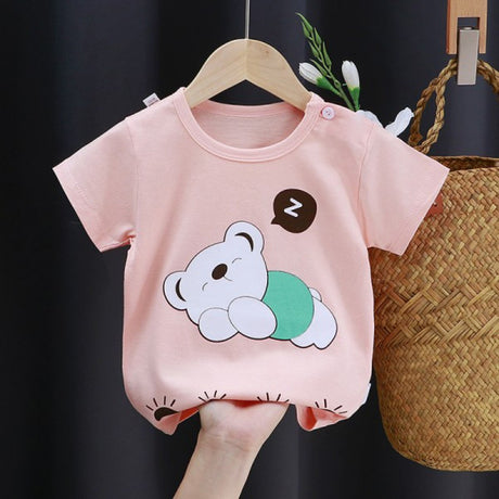 3-6 Months Infant Baby Boy T-Shirt - Newborn Baby Girls Cartoon Print Short Sleeves Round Neck T-Shirt For Kids - Peach - Shop N Save
