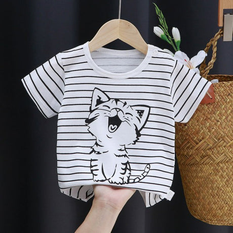 3-6 Months Infant Baby Boy T-Shirt - Newborn Baby Girls Cartoon Print Short Sleeves Round Neck T-Shirt For Kids - Black And White - Shop N Save