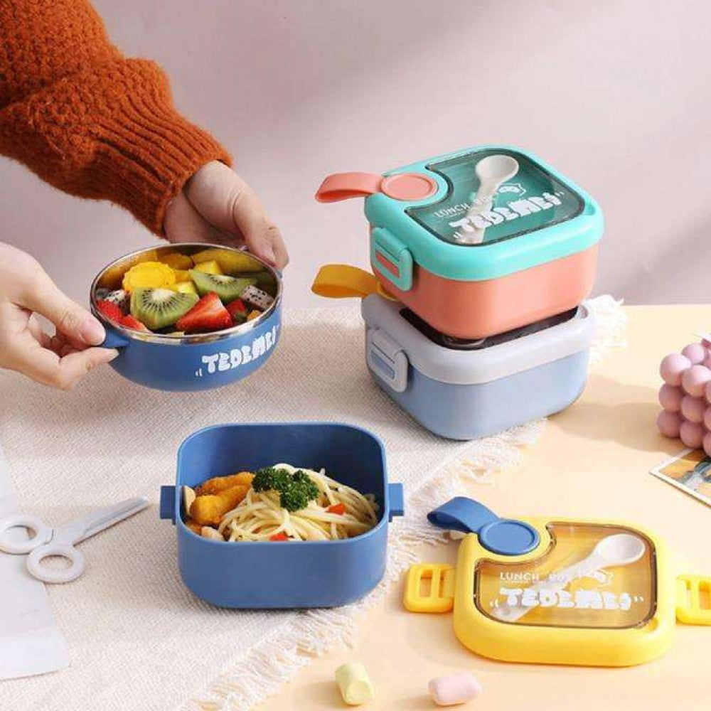 Kids Lunch Box - Inner Stainless Steel Baby Lunch Box With Spoon Scissors Set Food Supplement Bowl For School Home Kids (H 7.3 | W 12.7 | L 14.7 CM) - Pink - Shop N Save