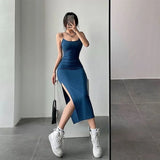 Women Sleeveless Dress - Pure Color Streetwear Style Side Slit Design Ladies Trendy Dress - Blue