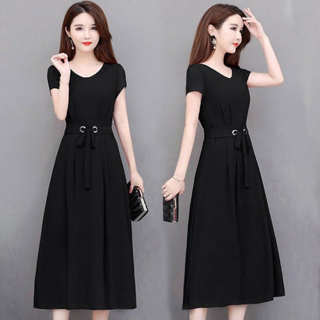 Floral Maxi Dress Women - Chiffon Floral Casual Dress Solid Color V-Neck Short Sleeve Waist Belt Party Outdoor Office Maxi Event Dress - Black