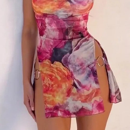 Women Printed Dress - Women Print Halter Neck Mini Backless Sleeveless Soft Cotton Dress Beach Dresses Party Club Outfits - Multicolor