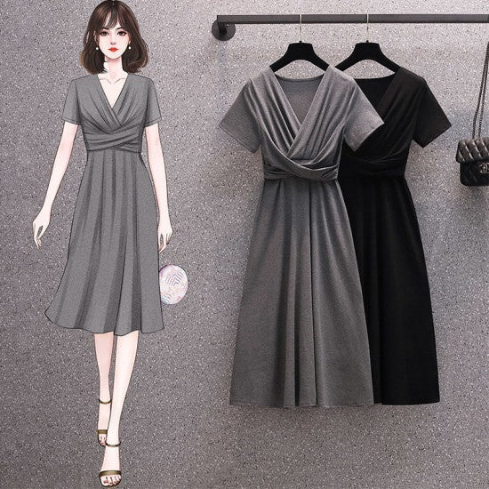 Women Dress - New Temperament Western Style Slimming Pure Color Stylish A-Line Casual Ladies Girls Dresses - Dark Green