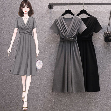 Women Dress - New Temperament Western Style Slimming Pure Color Stylish A-Line Casual Ladies Girls Dresses - Dark Green