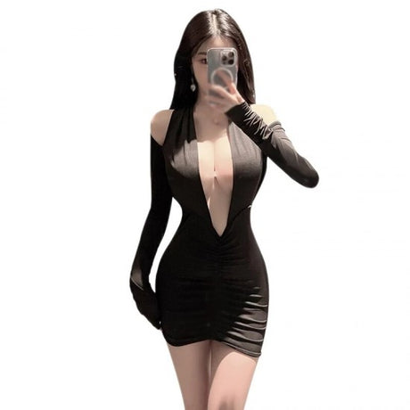 Deep V Neck Dress - Long Sleeve Mesh See-Through Soft Cotton Club Party Wear Dress - Black
