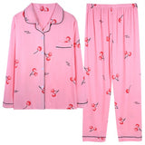 2Pcs Floral Printed Pajama Set - Solid Color Round Collar Neck Long Sleeves With Trouser Sleepwear For Women Nightwear - Barbie Pink