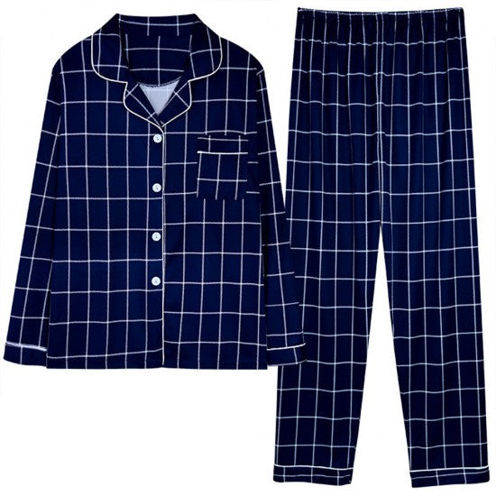 2Pcs Checked Printed Pajama Set - Solid Color Round Collar Neck Long Sleeves With Trouser Sleepwear For Women Nightwear - Dark Blue