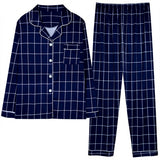 2Pcs Checked Printed Pajama Set - Solid Color Round Collar Neck Long Sleeves With Trouser Sleepwear For Women Nightwear - Dark Blue