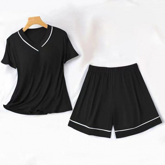 3Pcs Solid Color Pajama Set - V Neck Half Sleeves Short Trouser Shirt With Long Shirt Sleepwear For Women Nightwear - Black