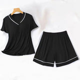 3Pcs Solid Color Pajama Set - V Neck Half Sleeves Short Trouser Shirt With Long Shirt Sleepwear For Women Nightwear - Black