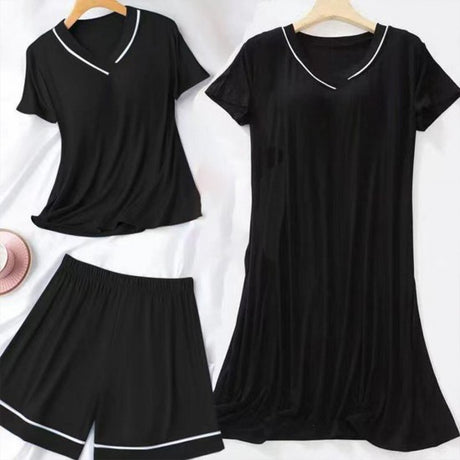 3Pcs Solid Color Pajama Set - V Neck Half Sleeves Short Trouser Shirt With Long Shirt Sleepwear For Women Nightwear - Black