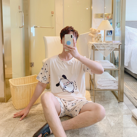 Cartoon Print 3Pcs Couple Pajama Set - Half Sleeves Short Trouser Round Neck Solid White Color Sleepwear for Men And Women Nightwear