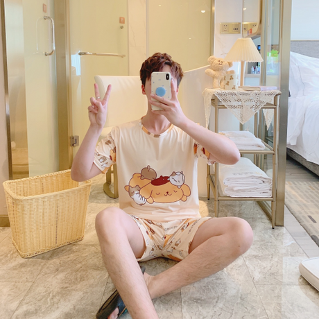 3Pcs Couple Pajama Set Cartoon Print- Round Neck Solid Skin Color Half Sleeves Short Trouser Sleepwear for Men And Women Nightwear