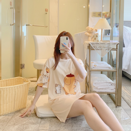 3Pcs Couple Pajama Set Cartoon Print- Round Neck Solid Skin Color Half Sleeves Short Trouser Sleepwear for Men And Women Nightwear