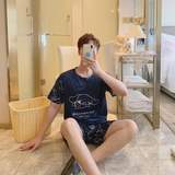 3Pcs Couple Cartoon Printed Pajama Set - Solid Dark Blue Color Round Neck Half Sleeves Short Trouser Sleepwear for Men And Women Nightwear - Dark Blue