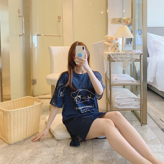 3Pcs Couple Cartoon Printed Pajama Set - Solid Dark Blue Color Round Neck Half Sleeves Short Trouser Sleepwear for Men And Women Nightwear - Dark Blue