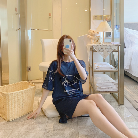 3Pcs Couple Cartoon Printed Pajama Set - Solid Dark Blue Color Round Neck Half Sleeves Short Trouser Sleepwear for Men And Women Nightwear - Dark Blue