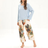 2Pcs Floral Printed Pajama Set - Solid Color Round Neck Long Sleeves Printed Trouser Sleepwear for Women Nightwear - Blue