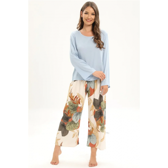 2Pcs Floral Printed Pajama Set - Solid Color Round Neck Long Sleeves Printed Trouser Sleepwear for Women Nightwear - Blue