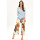 2Pcs Floral Printed Pajama Set - Solid Color Round Neck Long Sleeves Printed Trouser Sleepwear for Women Nightwear - Blue