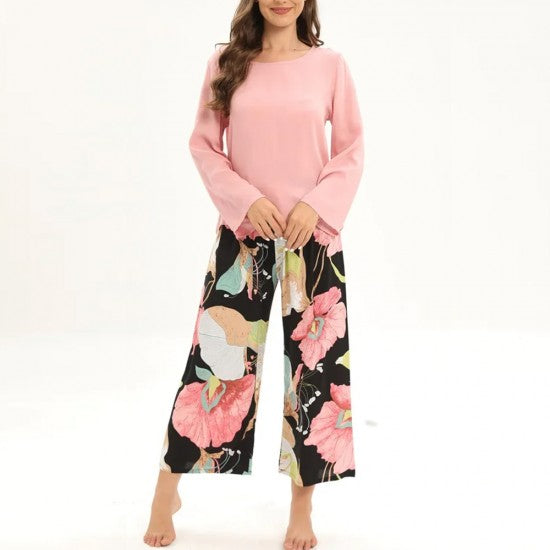 2Pcs Floral Printed Pajama Set - Solid Color Round Neck Long Sleeves Printed Trouser Sleepwear for Women Nightwear - Barbie Pink
