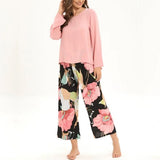 2Pcs Floral Printed Pajama Set - Solid Color Round Neck Long Sleeves Printed Trouser Sleepwear for Women Nightwear - Barbie Pink