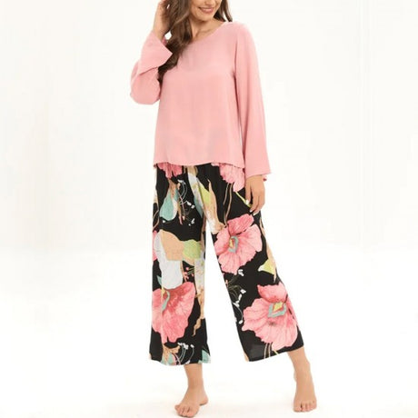 2Pcs Floral Printed Pajama Set - Solid Color Round Neck Long Sleeves Printed Trouser Sleepwear for Women Nightwear - Barbie Pink